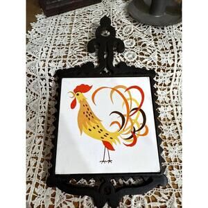 VTG Cast Iron Tile Trivet Holt Howard Rooster Chicken Orange Farmhouse Kitsch